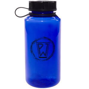 Blue Round Plastic Bottle with Black Tethered Lid