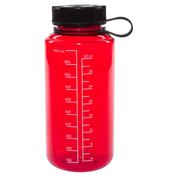 Red Round Plastic Bottle with Black Tethered Lid - Image 2