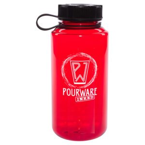 Red Round Plastic Bottle with Black Tethered Lid